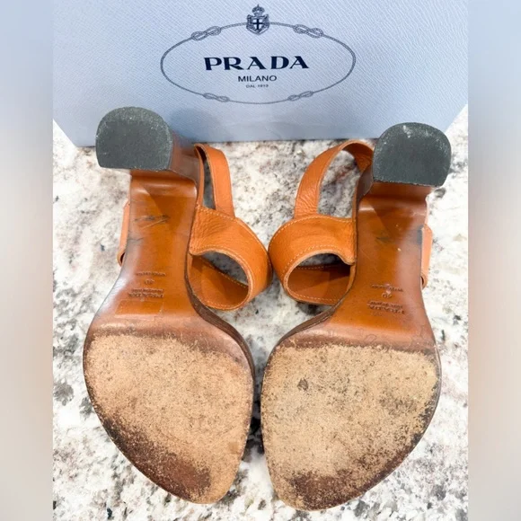 USED Prada Brown Leather Sling Backs in Cognac Size 40 - Picture 7 of 13